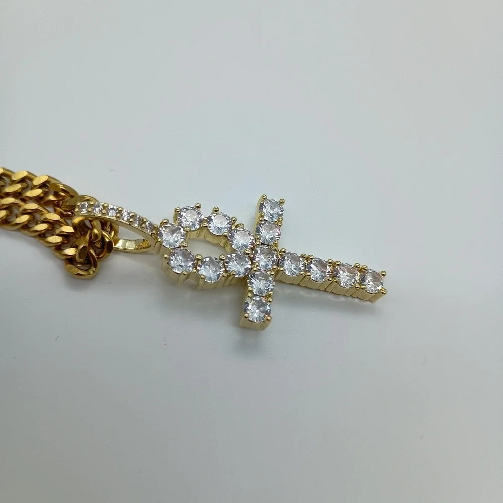 Ice‎ Mob Gold-Tone Cuban Link Chain 20 Inch Iced Out Ankh Cross Pendant Necklace